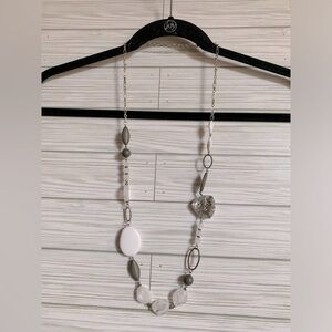 Long Silver plated and White Beaded Necklace